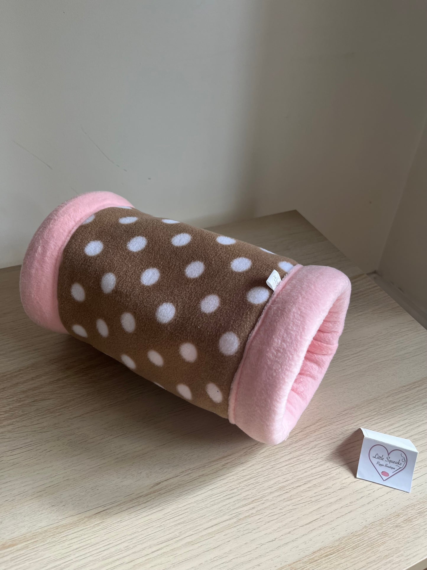 MADE TO ORDER Brown Spotted/Pink Snuggle Tunnel STAY OPEN - Guinea Pig Bed/Hide