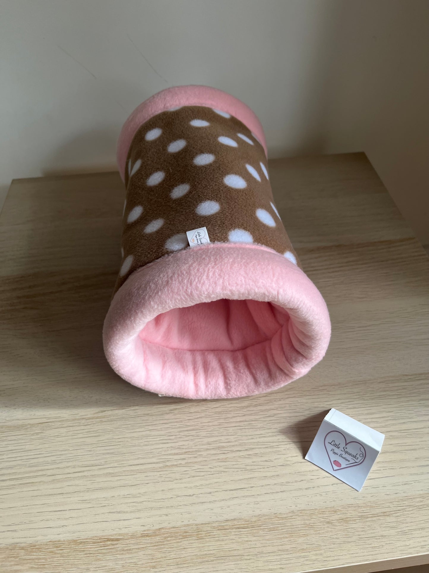 MADE TO ORDER Brown Spotted/Pink Snuggle Tunnel STAY OPEN - Guinea Pig Bed/Hide