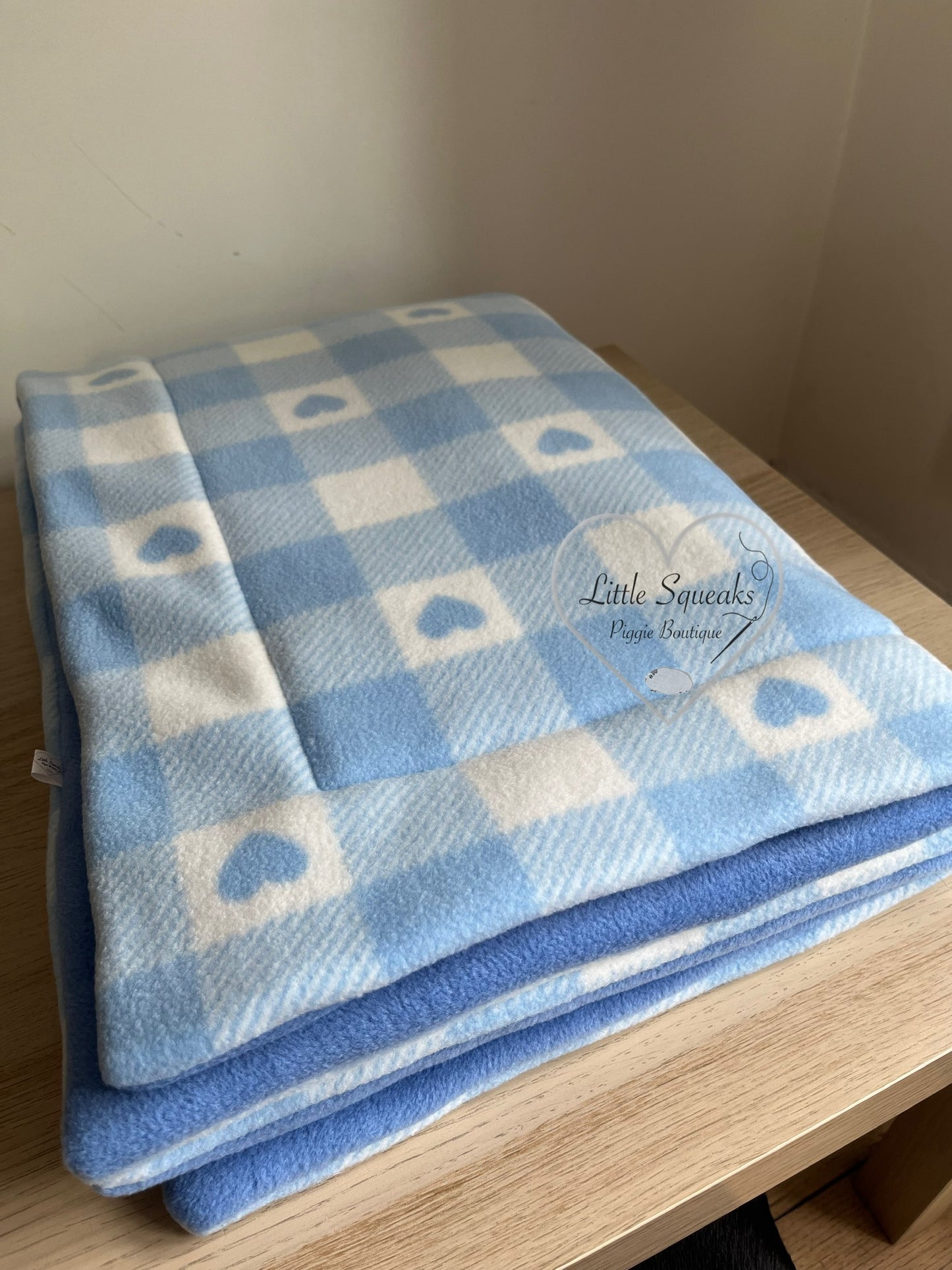 Fleece Cage Liner for Guinea Pigs - Blue Hearts Check/Blue