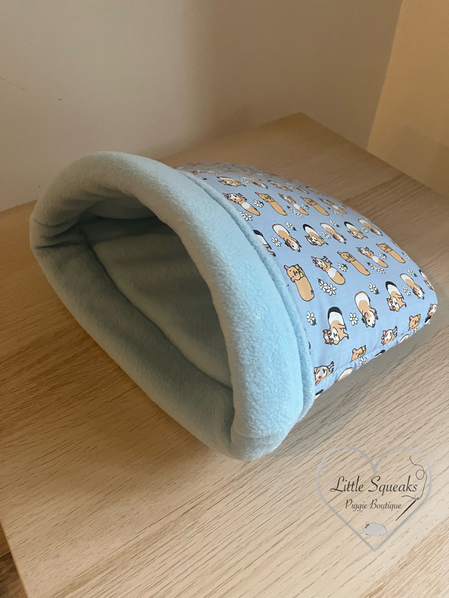 Blue Guinea Pig Snuggle Sack ‘STAY OPEN’ - Guinea Pig Bed/Hide